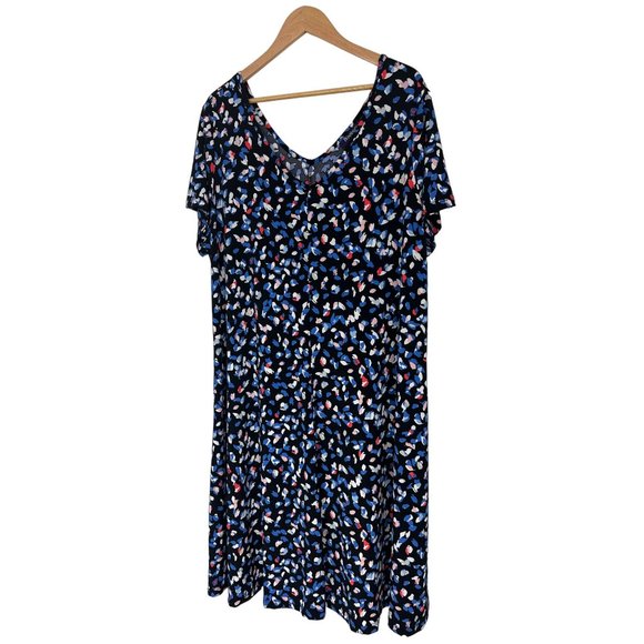 Size 22/24 3X MULTI-COLOR ABSTRACT V-NECK MIDI SWING DRESS Summer Wedding PLUS - Picture 2 of 5